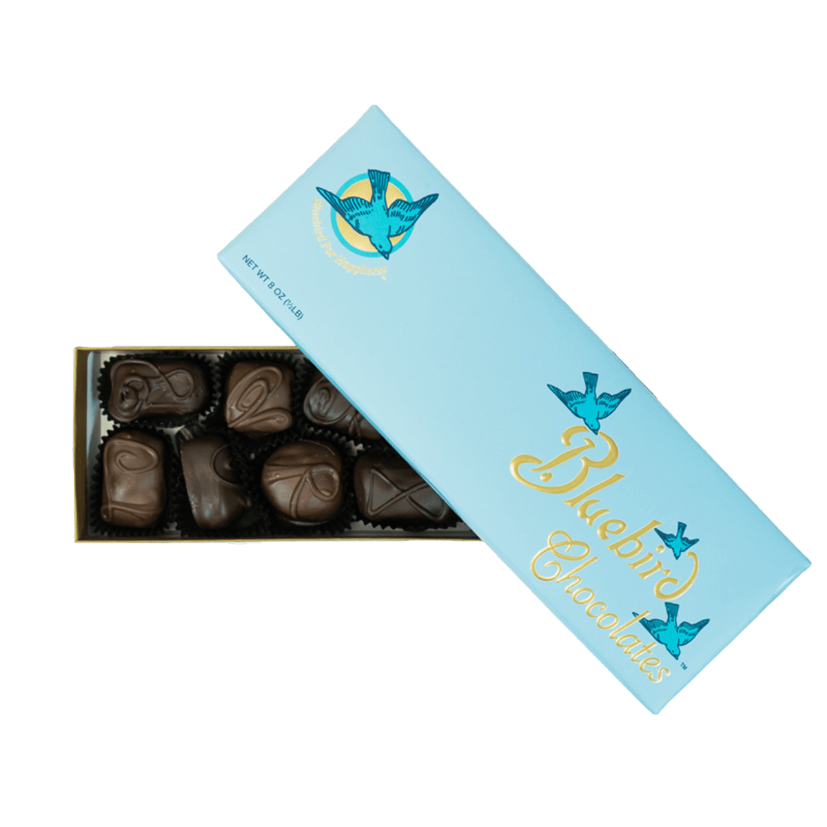 An open half pound gift box of Bluebird chocolates.